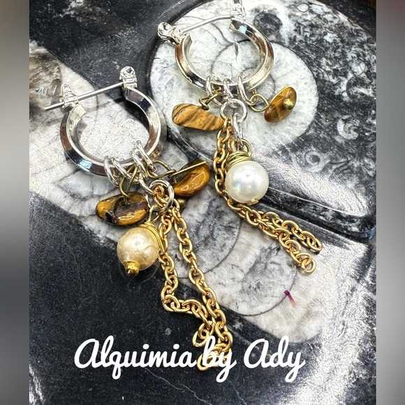 Freshwater pearls and tigers eye statement earrings - Picture 1 of 2